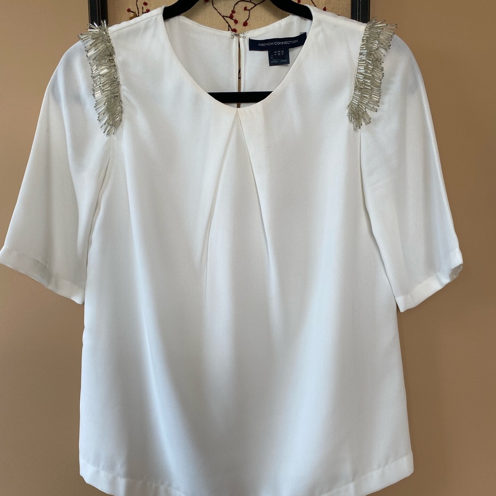 French Connection, white, sequin shoulders shirt, size 0, great condition.